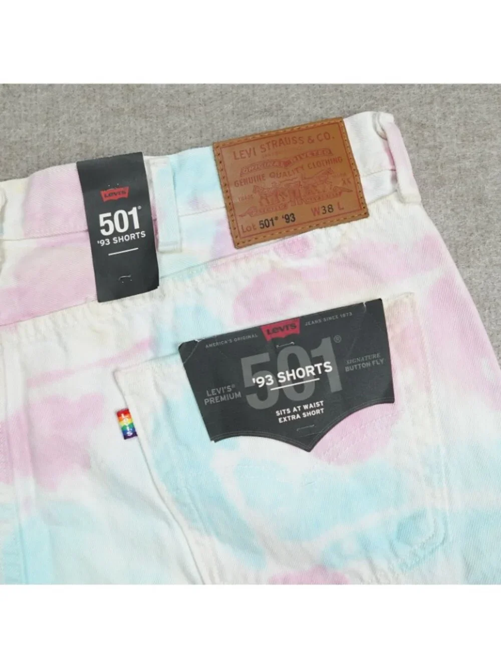 Levi's Shorts Mens 38 White Blue Denim 501 '93 Tie Dye Pride Premium NEW READ